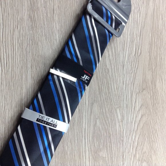 JF J. Ferrar Blue Striped Narrow Tie w/Silver Clip - Picture 3 of 3